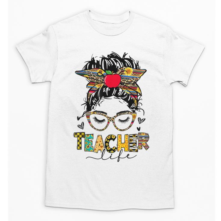 Teacher Life Messy Bun Glasses Leopard Sunflower Unisex T-Shirt