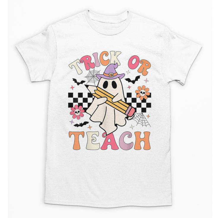 Trick Or Teach Groovy Teacher Halloween Retro Floral Ghost Unisex T-Shirt