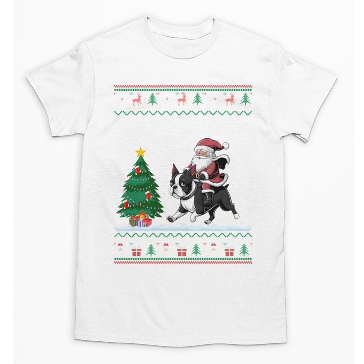 Ugly Christmas Tree Lights Xmas Santa Riding Boston Terrier Unisex T-Shirt