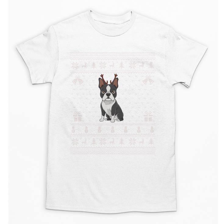 Ugly Xmas Sweater Style Boston Terrier Reindeer Christmas Unisex T-Shirt
