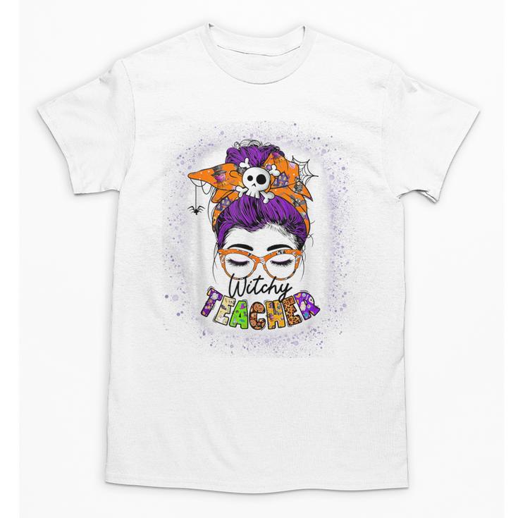 Witchy Teacher Halloween Messy Bun Teacher Bleached Unisex T-Shirt