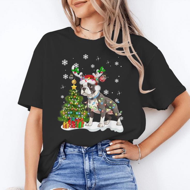Boston Terrier Christmas Tree Lights Santa Hat Unisex T-Shirt, Boston Terrier Christmas Shirts, funny gift