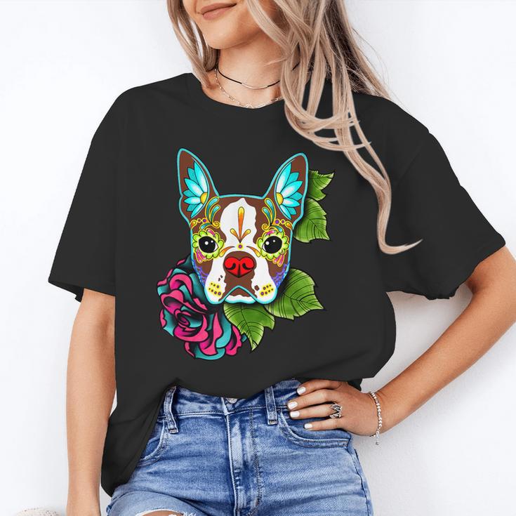 Boston Terrier In Red Day Of The Dead Sugar Skull Dog Unisex T-Shirt, funny gift