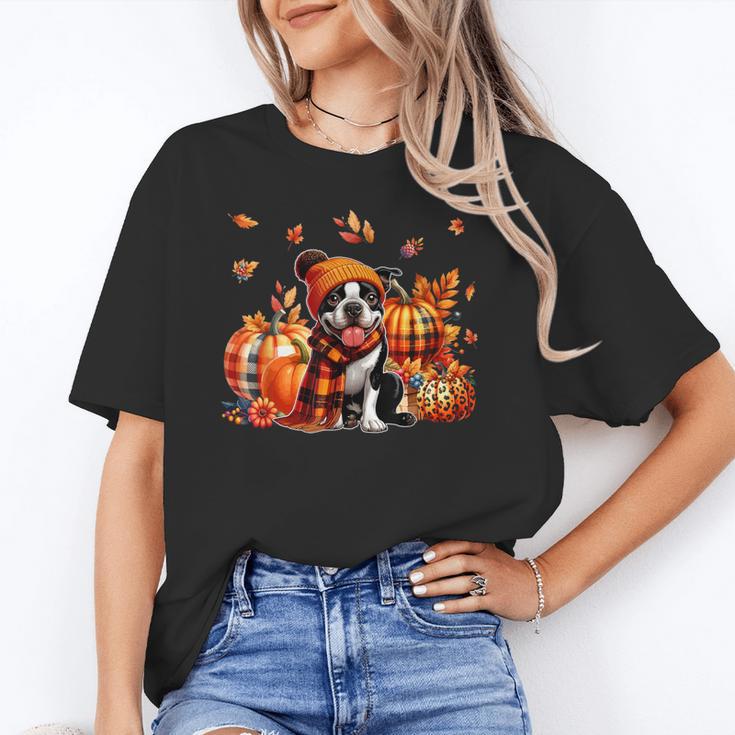 Boston Terrier Thanksgiving Leopard Pumpkins Fall Leaves Unisex T-Shirt, Boston Terrier Thanksgiving Shirts, funny gift