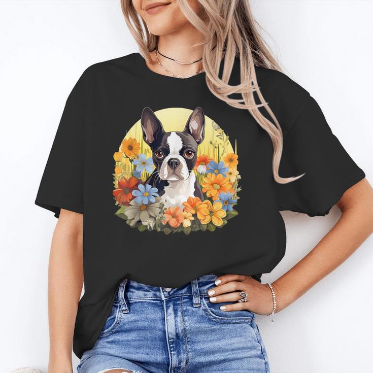 Cute Boston Terrier Spring Flower Garden Colorful Puppy Dog Unisex T-Shirt, funny gift