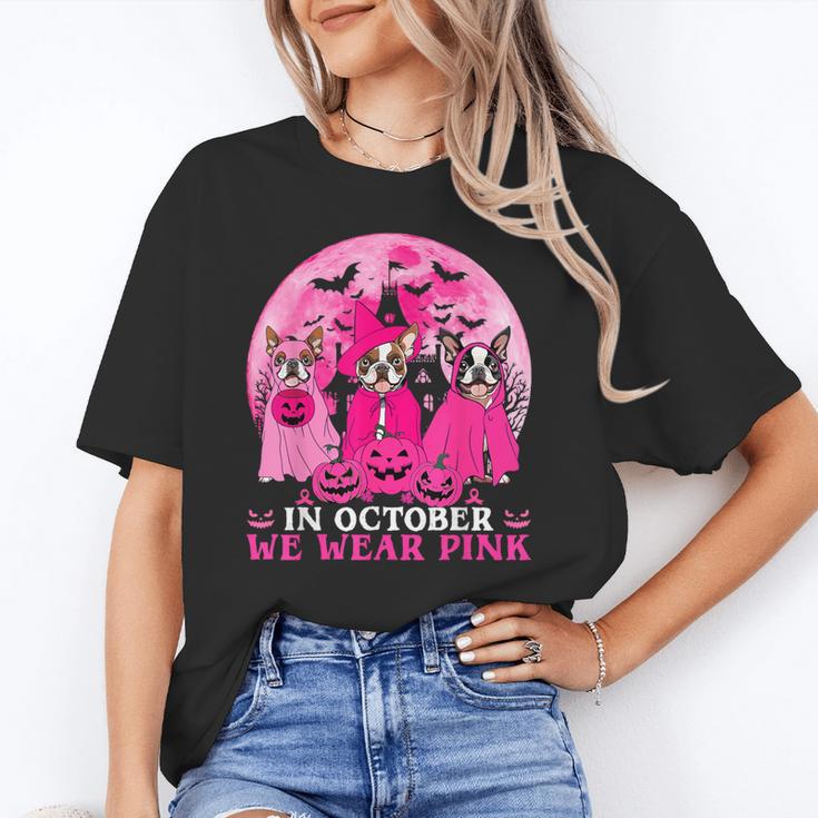 Ghost And Witch Boston Terrier Dog In October We Wear Pink Unisex T-Shirt, Boston Terrier Ghost Shirts, funny gift