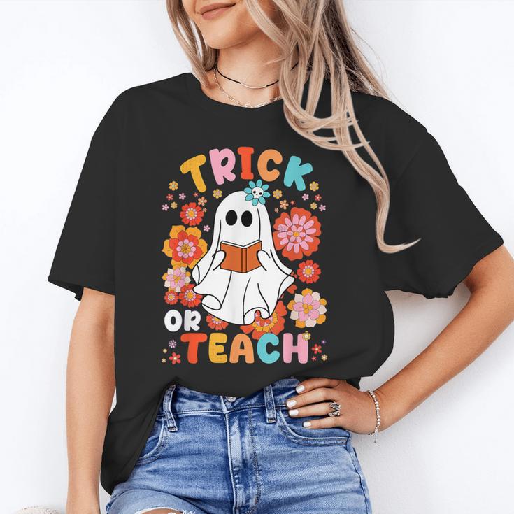 Groovy Halloween Trick Or Teach Retro Floral Ghost Teacher For Men Women Kids Unisex T-Shirt, Groovy Teacher Shirts, funny gift