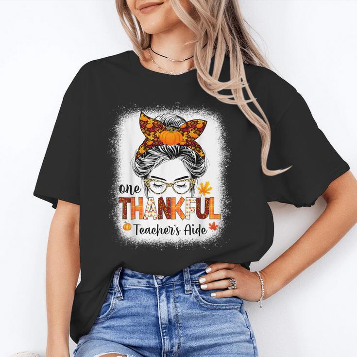 One Thankful Teacher's Aide Messy Bun Thanksgiving Fall Unisex T-Shirt, funny gift