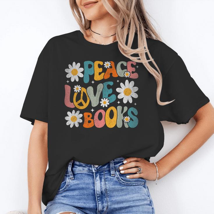 Peace Love Books Bookworm Librarian Reading Teacher Groovy Unisex T-Shirt, Groovy Teacher Shirts, funny gift
