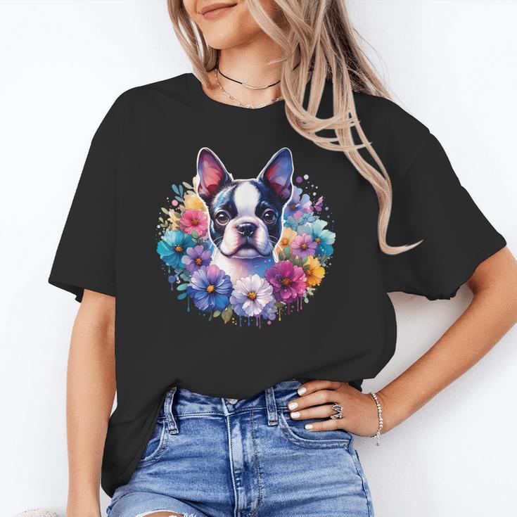 Watercolor Floral Boston Terrier Mama Dog Lover Mother's Day Unisex T-Shirt, funny gift