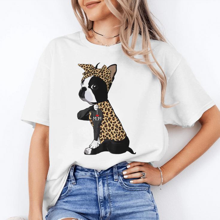 Boston Terrier Lover I Love Mom Tattoo Leopard Unisex T-Shirt, Boston Terrier Mom Shirts, funny gift