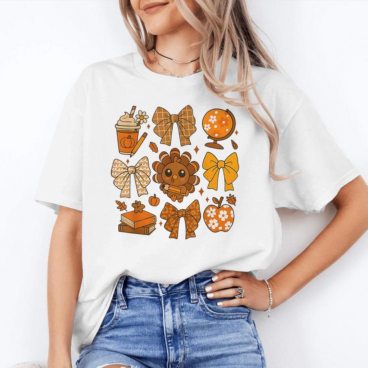 Coquette Teach Teacher Bows Thanksgiving Turkey Fall Autumn Unisex T-Shirt, funny gift