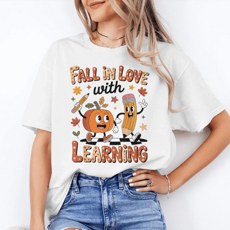 Retro Fall In Love With Learning Autumn Pumpkin Teacher Kids Unisex T-Shirt, funny gift