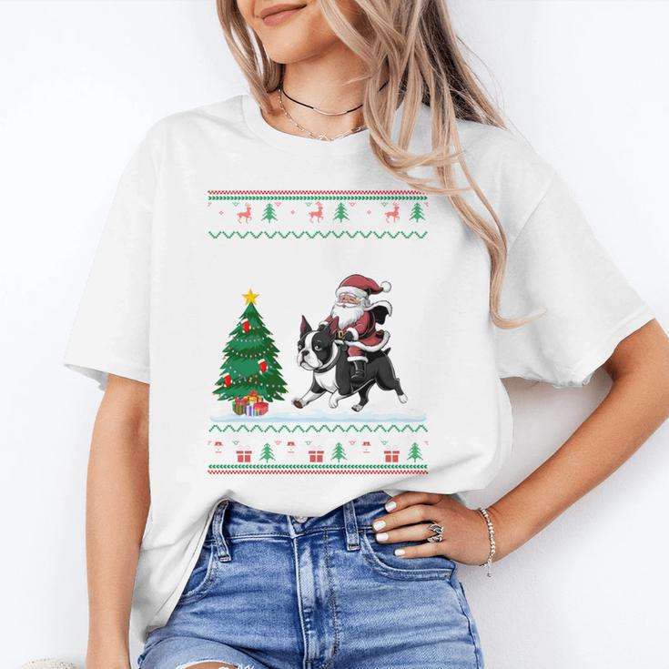 Ugly Christmas Tree Lights Xmas Santa Riding Boston Terrier Unisex T-Shirt, Boston Terrier Christmas Shirts, Boston Terrier Riding Shirts, funny gift