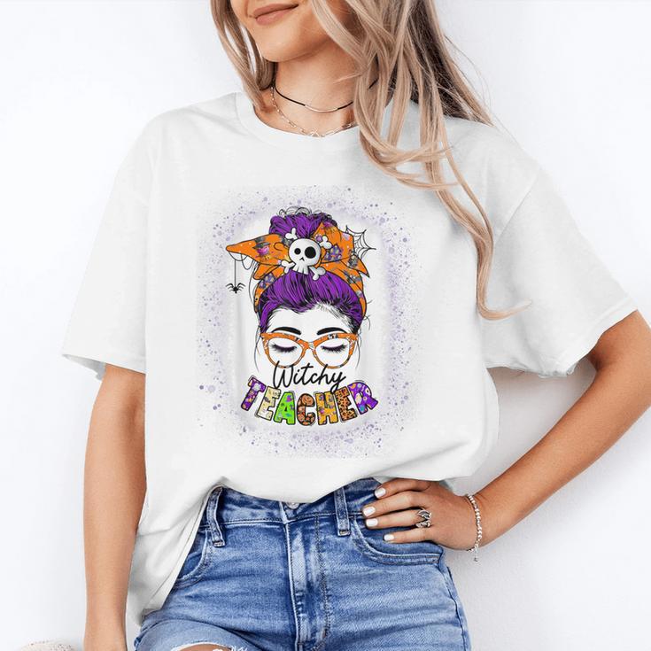 Witchy Teacher Halloween Messy Bun Teacher Bleached Unisex T-Shirt, funny gift