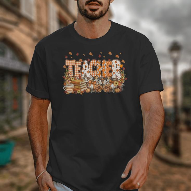 Autumn Pumpkin Thanksgiving Coffee Floral Teacher Fall Unisex T-Shirt, funny design