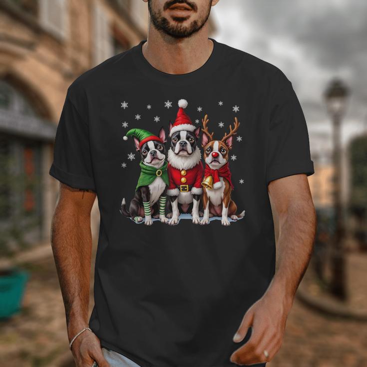Boston Terrier Christmas Dogs Santa Reindeer Elf Unisex T-Shirt, Boston Terrier Christmas Gifts, funny design