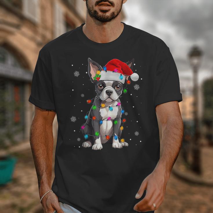 Boston Terrier Christmas Santa Hat Tree Lights Pajama Unisex T-Shirt, Boston Terrier Christmas Gifts, funny design