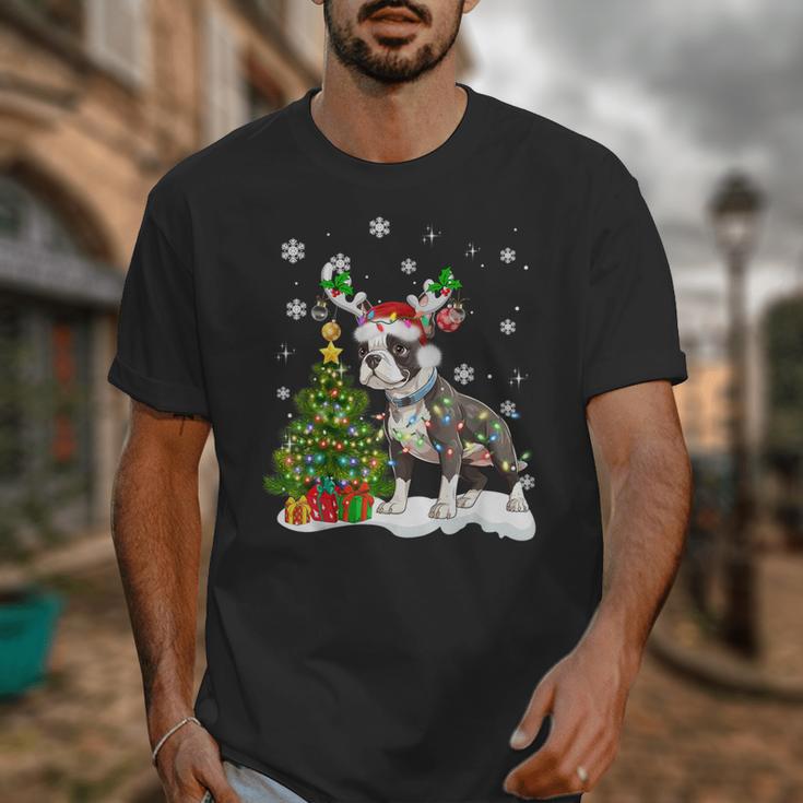 Boston Terrier Christmas Tree Lights Santa Hat Unisex T-Shirt, Boston Terrier Christmas Gifts, funny design