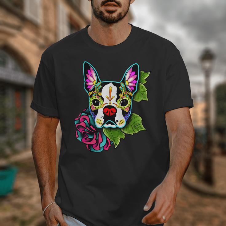 Boston Terrier In Day Of The Dead Sugar Skull Dog Unisex T-Shirt, funny design