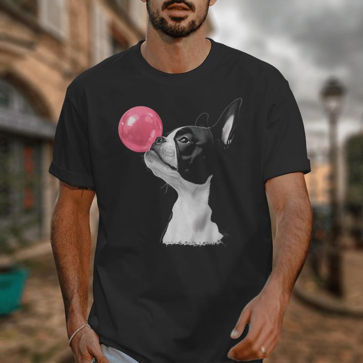 Boston Terrier Dog Blowing Chewing Bubble Gum Pink Unisex T-Shirt, funny design