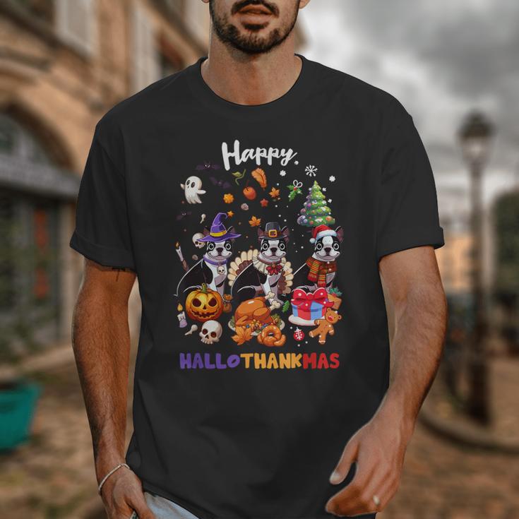 Boston Terrier Dog Christmas Happy Hallothankmas Halloween For Men Women Kids Unisex T-Shirt, Boston Terrier Christmas Gifts, Boston Terrier Halloween Gifts, funny design