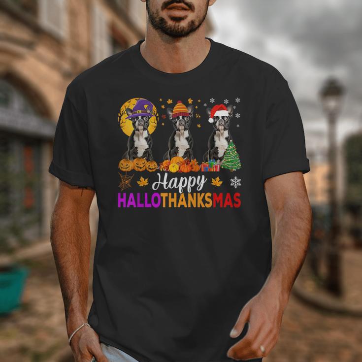 Boston Terrier Dog Halloween Christmas Hallothanksmas Men Women Kids Unisex T-Shirt, Boston Terrier Christmas Gifts, Boston Terrier Halloween Gifts, funny design