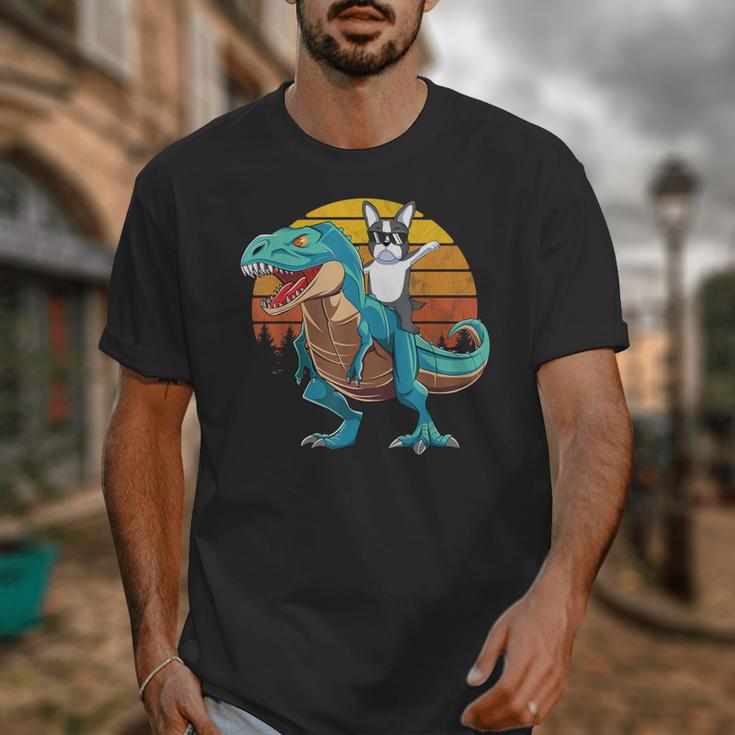 Boston Terrier Dog Riding Dinosaur T Rex Boys Unisex T-Shirt, Boston Terrier Riding Gifts, funny design
