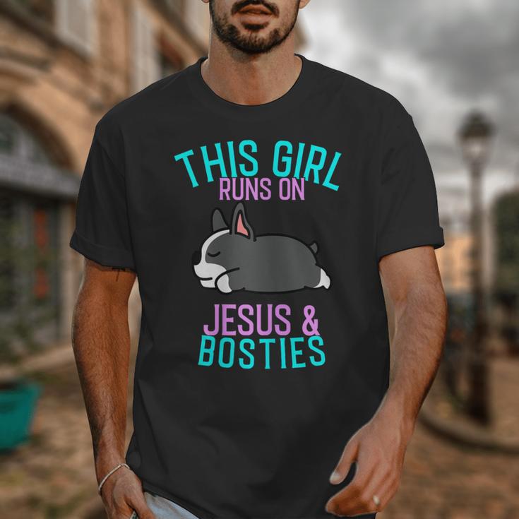 Boston Terrier This Girl Runs On Jesus And Boston Terriers Unisex T-Shirt, funny design