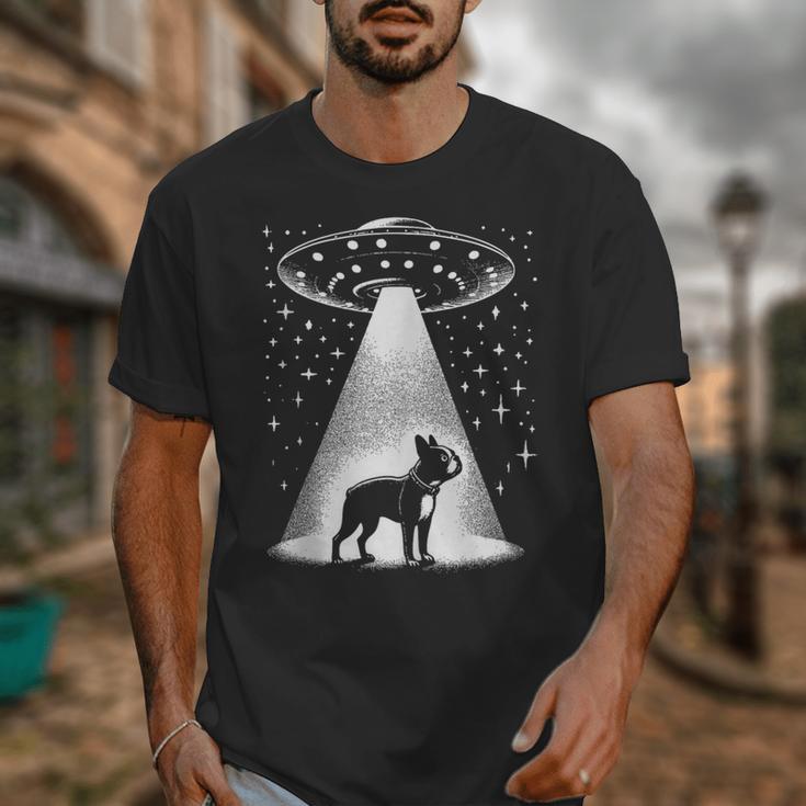 Boston Terrier Mom Dad Dog Alien UFO Unisex T-Shirt, Couple Gifts, Mom Gifts, Boston Terrier Dad Gifts, Boston Terrier Mom Gifts, funny design