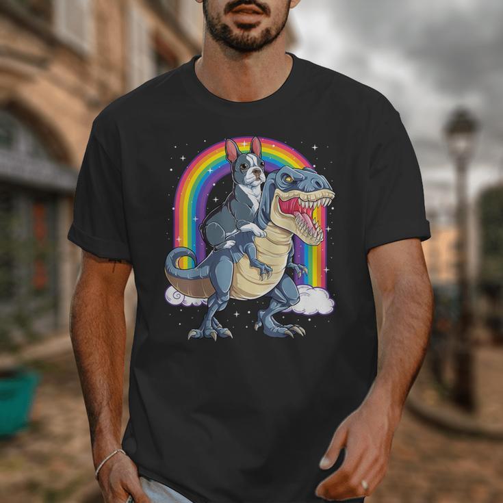 Boston Terrier Riding Dinosaur T-Rex Boys Kids Rainbow Unisex T-Shirt, Boston Terrier Riding Gifts, funny design