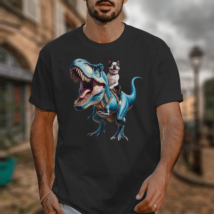 Boston Terrier Riding T-Rex Dinosaur Dog Lover Unisex T-Shirt, Boston Terrier Riding Gifts, funny design
