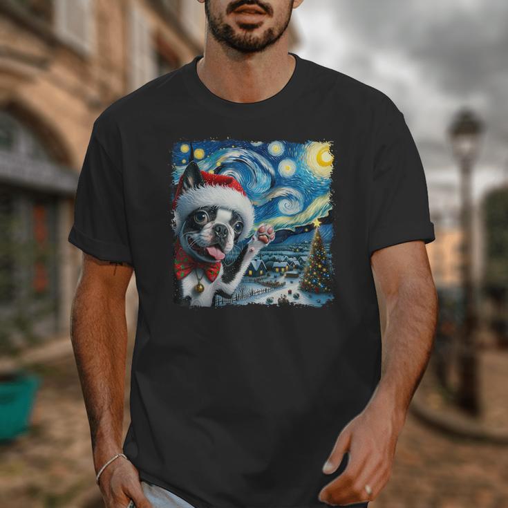 Boston Terrier Santa Starry Night Van Gogh Christmas Dog Men Women Kids Unisex T-Shirt, Boston Terrier Christmas Gifts, funny design