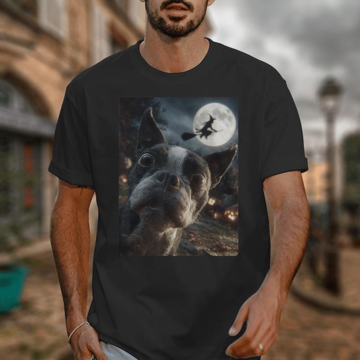Boston Terrier Selfie Full Moon Flying Witch Halloween Dog Unisex T-Shirt, Boston Terrier Halloween Gifts, funny design