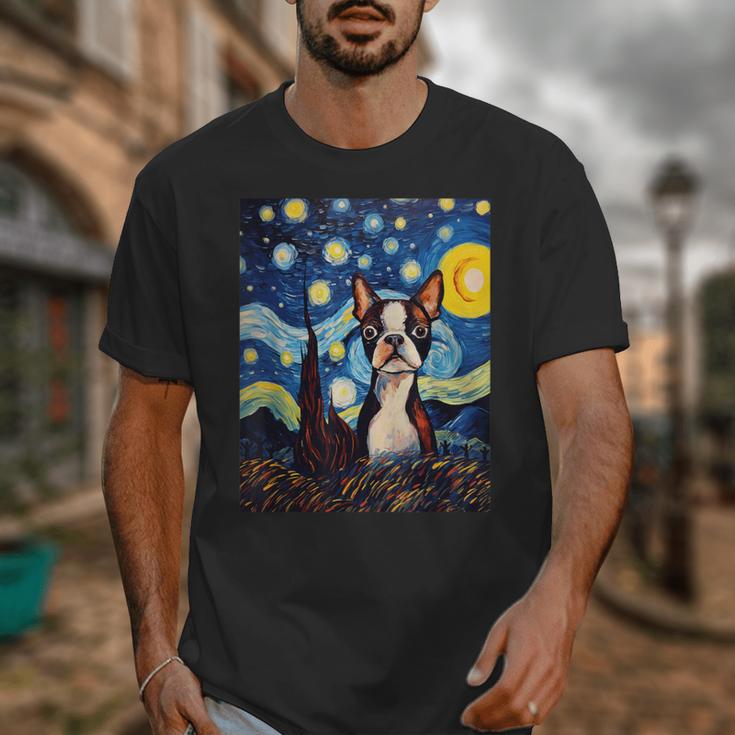 Boston Terrier Starry Night Van Gogh Art Unisex T-Shirt, funny design