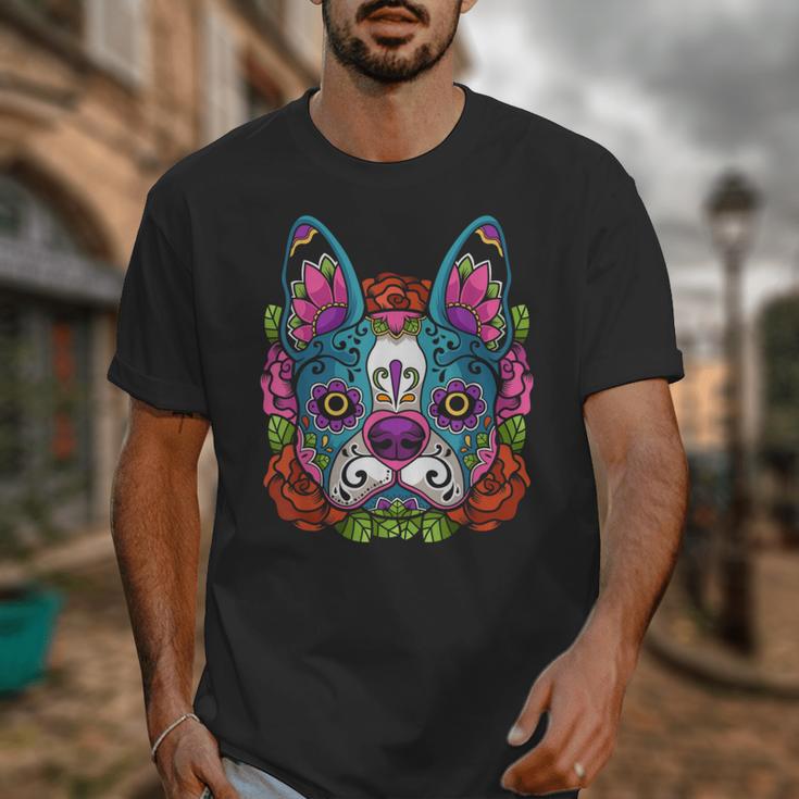 Boston Terrier Sugar Skull Dog Day Of The Dead Unisex T-Shirt, funny design