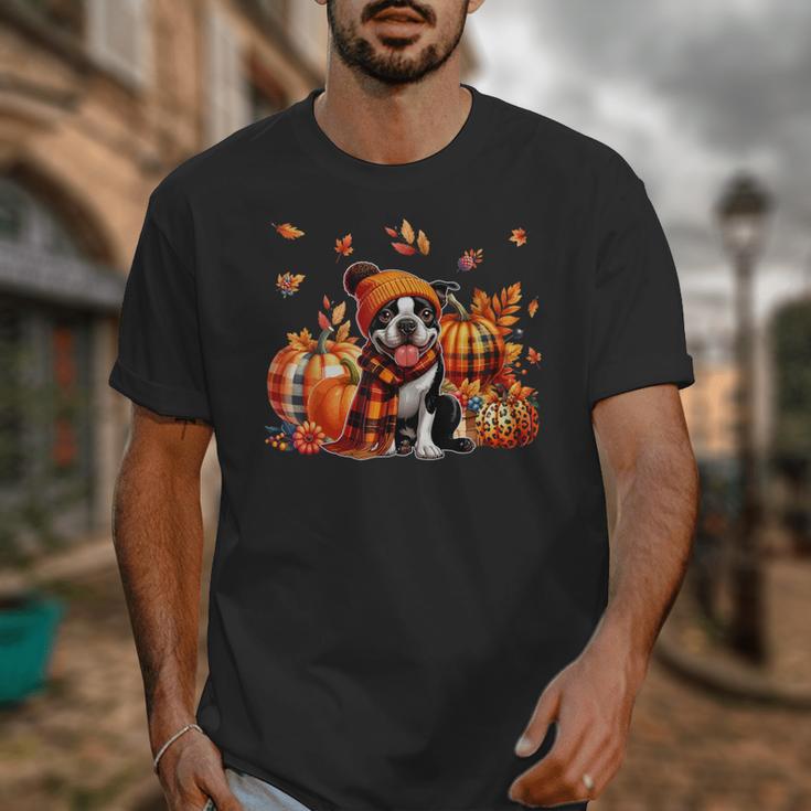 Boston Terrier Thanksgiving Leopard Pumpkins Fall Leaves Unisex T-Shirt, Boston Terrier Thanksgiving Gifts, funny design