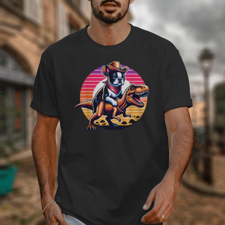 Boston Terrier Wearing A Cowboy Hat On T-Rex Unisex T-Shirt, funny design