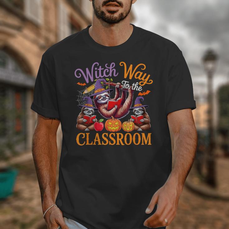 Way To Classroom Halloween Witch Three Cute Sloths Teacher Unisex T-Shirt, funny design Way To Classroom Halloween Witch Three Cute Sloths Teacher Unisex T-Shirt, funny design