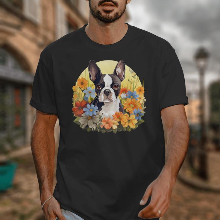 Cute Boston Terrier Spring Flower Garden Colorful Puppy Dog Unisex T-Shirt, funny design