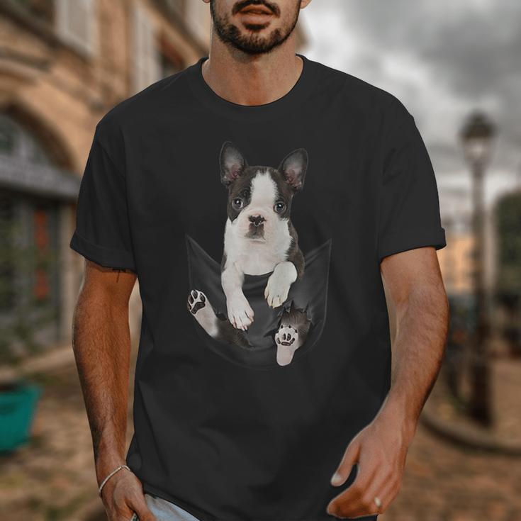 Dog Lovers Boston Terrier In Pocket Dog Face For Men Women Kids Unisex T-Shirt, funny design