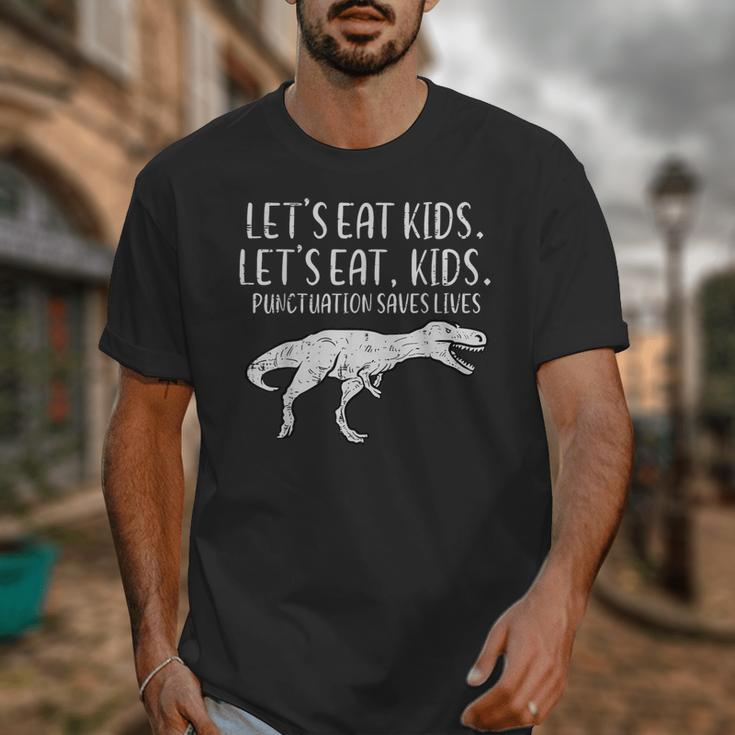 Lets Eat Kids Punctuation Saves Lives Dino Teacher Men Unisex T-Shirt, funny design