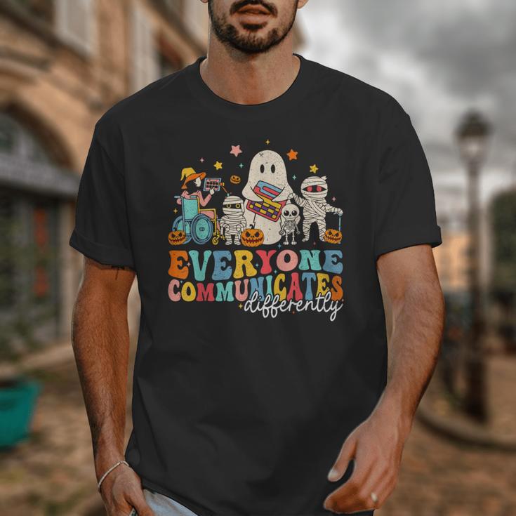 Everyone Communicates Differently Halloween SLP Sped Teacher Unisex T-Shirt, funny design Everyone Communicates Differently Halloween SLP Sped Teacher Unisex T-Shirt, funny design