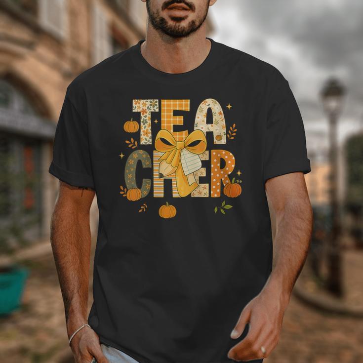 Fall Teacher Pumpkin Coquette Bow Autumn Classroom Unisex T-Shirt, funny design