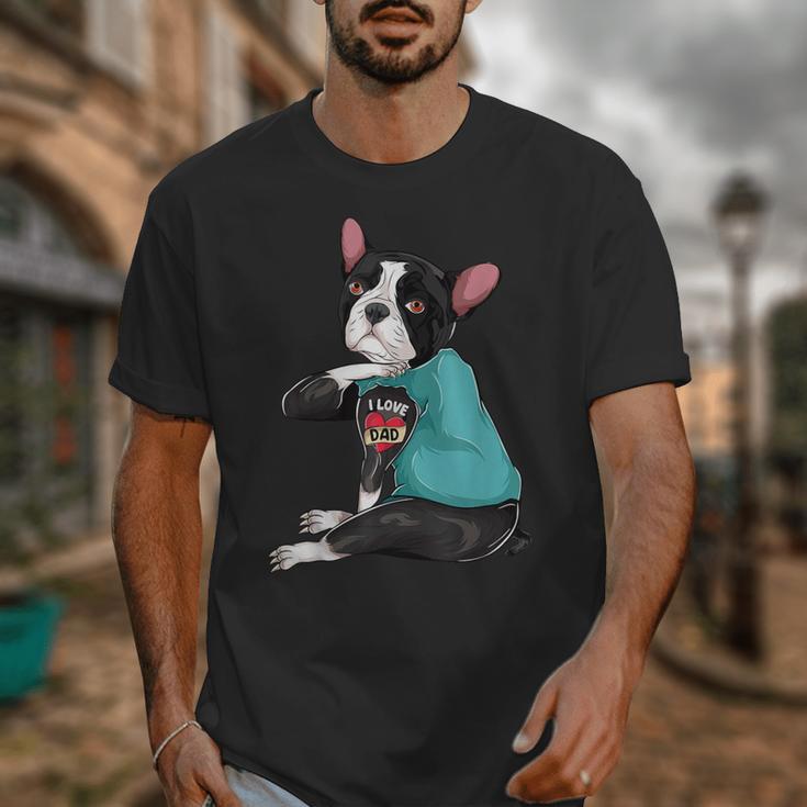 Father's Day Gift Dog Dad Boston Terrier i Love Dad Tattoo Unisex T-Shirt, Couple Gifts, Boston Terrier Dad Gifts, funny design