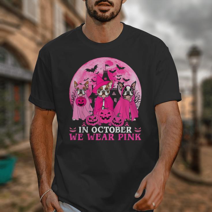 Ghost And Witch Boston Terrier Dog In October We Wear Pink Unisex T-Shirt, Boston Terrier Ghost Gifts, funny design