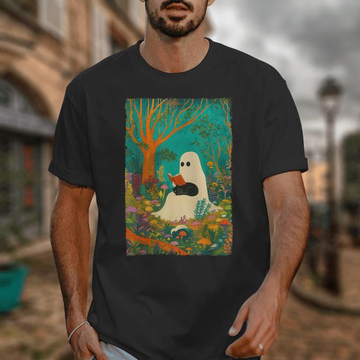 Groovy Ghost Reading Book Cat Halloween Ghost Teacher Unisex T-Shirt, Groovy Teacher Gifts, funny design