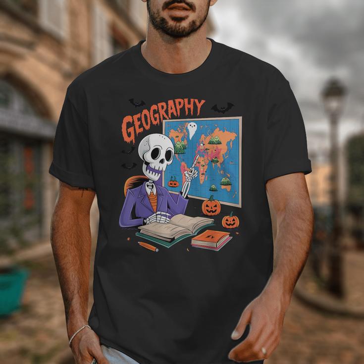 Halloween Skeleton Geography Teacher Pumpkin Bats Classroom Unisex T-Shirt, funny design