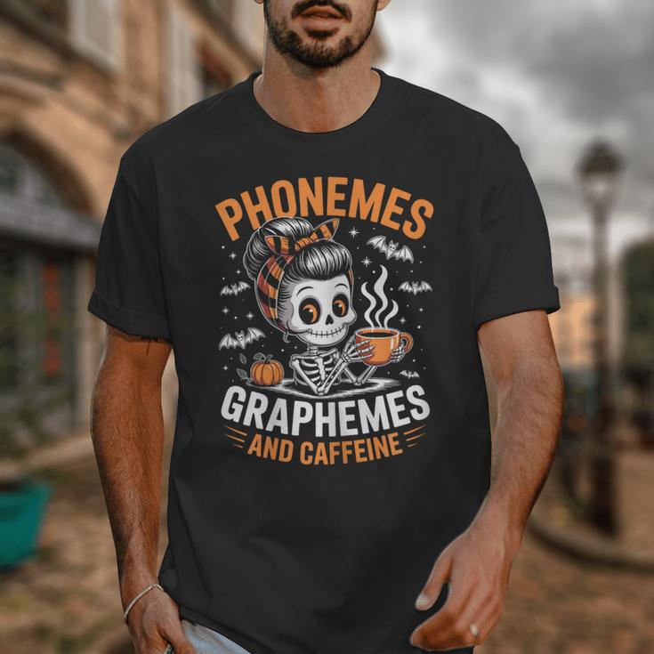 Halloween Skeleton Teacher Phonemes Graphemes Caffeine Lover Unisex T-Shirt, funny design Halloween Skeleton Teacher Phonemes Graphemes Caffeine Lover Unisex T-Shirt, funny design