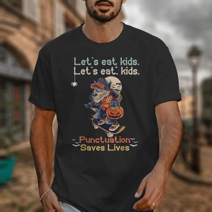 Let's Eat Kids Grammar Werewolf Halloween Teacher Unisex T-Shirt, funny design